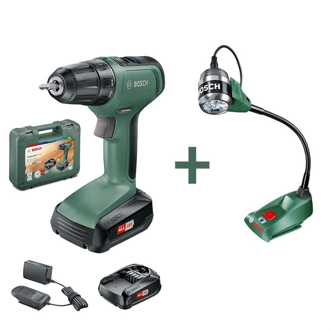  Bosch UniversalDrill 18 - 1,5 Ah Çift Akülü Vidalama Makinesi + Masa Lambaı + Uç Setleri 