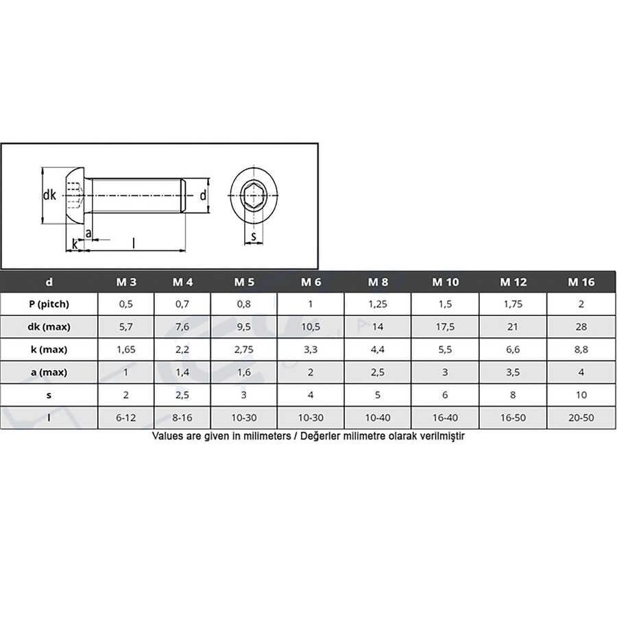  M6X12 Iso 7380 A2 Bombe Başlı İmbus Paslanmaz Cıvata 100 Adet